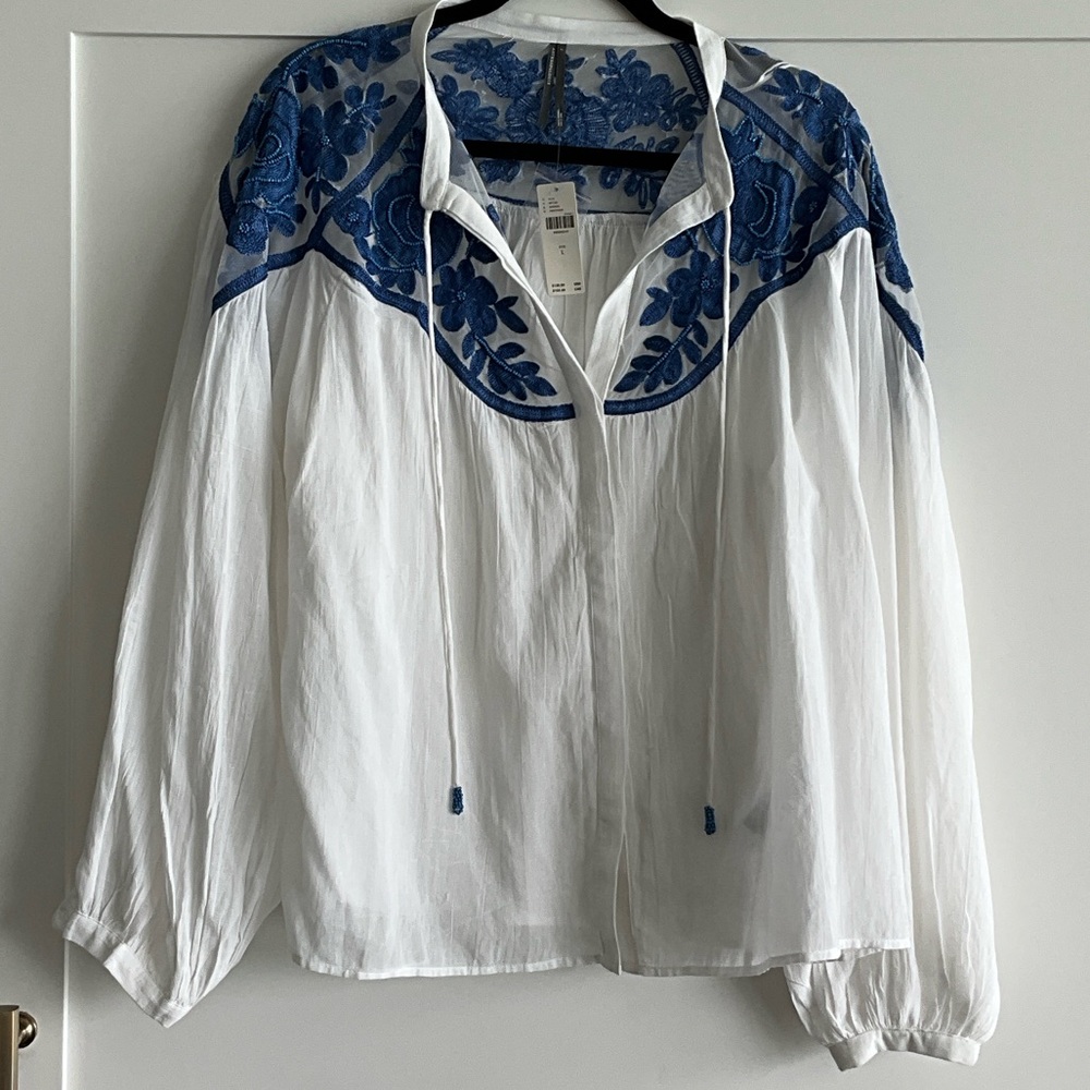 Anthropologie White Top with Blue Floral Lace Yoke